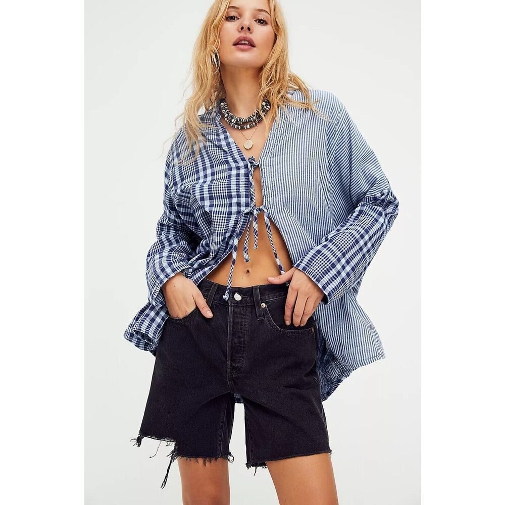 New Free People CP Shades Boxy Bed Jacket Top Blue Plaid Size Medium